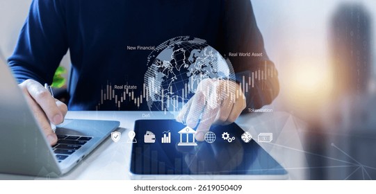Real world asset (RWA) or tokenized asset of new financial innovation concept, Businessman or Analyst working with Business Analytics and Data Management Asset on a blockchain, new economic.