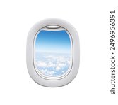 Realistic 3D Airplane Window with Blue Sky and Clouds: Detailed Aircraft Cabin View