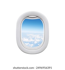 Realistic 3D Airplane Window with Blue Sky and Clouds: Detailed Aircraft Cabin View