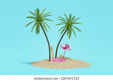 Realistic 3d collage beautiful tropical island and coconut palm tree sunbathing surfing stuff perfect relax summer vacation