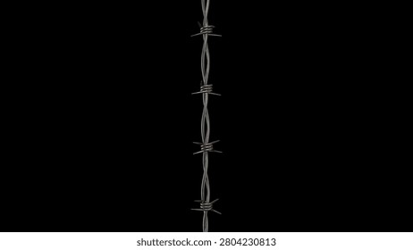 A realistic 3D render of a vertical barbed wire strand with sharp spikes and rusted texture, perfect for security or boundary themes.