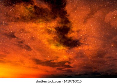 Realistic abstract nature texture of Moody and scary Dark clouds & stars in red & orange night sky space for background, backdrop, template & wallpaper. Mystery Planet, Universe & cosmology concept 
