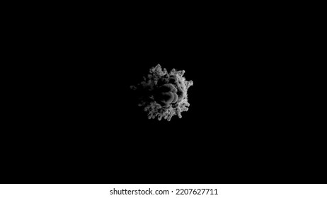 Realistic Blast Explosion With Grey Cloud Smoke. 3D Rendering Impressive Explosion Isolated On Black Studio Background. A Cloud Of Gray Smoke, Like From A Volcano Or A Military Bomb Explosion.