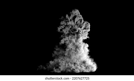 Realistic Blast Explosion With Grey Cloud Smoke. 3D Rendering Impressive Huge Explosion Isolated On Black Studio Background. A Cloud Of Gray Smoke, Like From A Volcano Or A Military Bomb Explosion.