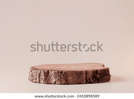 Realistic Brown Wooden rustic pine tree wood circle podium on beige pink background. Minimal empty display product presentation scene.