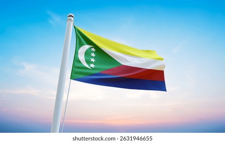 Realistic Comoros flag waving against sky background