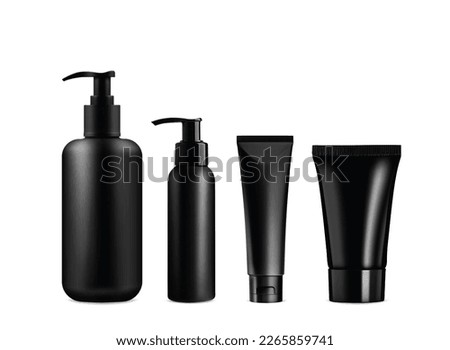 Realistic cosmetic mockups. Black cosmetics bottles, containers and jars. Women beauty products. Spray, soap and cream 3d vector dispenser package
