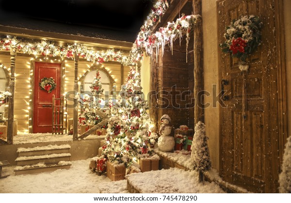 Realistic Decorated Studio Christmas Street Two Stock Photo