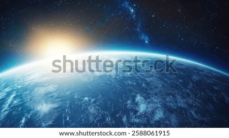 Realistic Earth planet with a blue atmosphere and space background. Space photography, high resolution, shot on a Nikon D750 with a Nikon AF-S lens. Friends at the edge of the dark, black sky