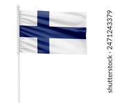 Realistic Finland flag isolated on cutout background. Waving the Finland flag on a white metal pole.
