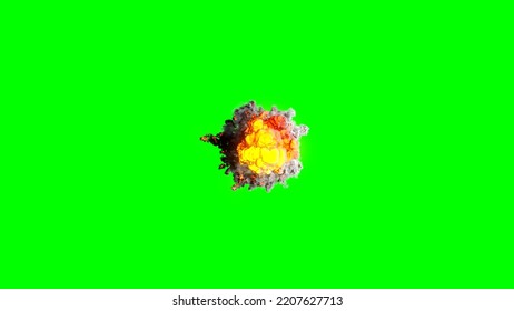 Realistic Fire Blast Explosion And Smoke With Orange Cloud. 3D Rendering Spark Explosion Isolated On Green Screen. Cloud Of Fireball, Like From Detonation Dynamite Or Military Bomb Explosion.