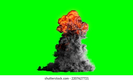 Realistic Fire Blast Explosion And Smoke With Orange Mushroom Cloud. 3D Rendering Spark Explosion Isolated On Green Screen. Cloud Of Fireball, Like From Volcano Or Military Bomb Explosion.