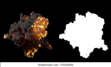 Realistic Fire Blast Explosion With Smoke In Slow Motion, View From Above, Impressive Huge Explosion, Isolated On Alpha Channel With Black/white Matte, Perfect For Post-production, Digital Composition