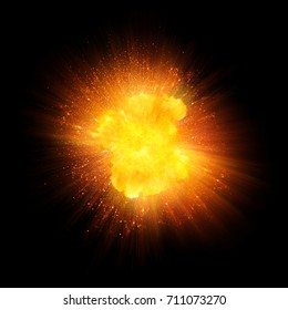 Realistic Fire Explosion, Blast Of Orange Color With Sparks Isolated On Black Background