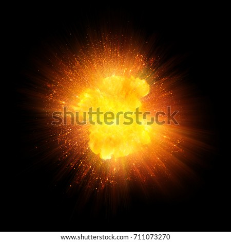 Realistic fire explosion, blast of orange color with sparks isolated on black background