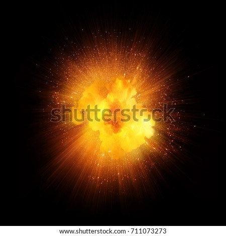 Realistic fire explosion, blast of orange color with sparks isolated on black background