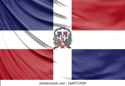 Realistic flag of Dominican Republic on the wavy surface of fabric