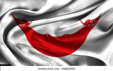 Realistic flag of Easter Island Rapa Nui on the wavy surface of fabric. This flag can be used in design