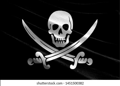Realistic flag of Pirates black on the wavy surface of fabric