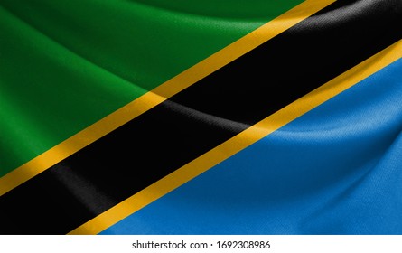 Realistic flag of Tanzania on the wavy surface of fabric