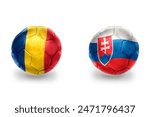 realistic football balls with national flags of slovakia and romania,soccer teams. on the white background.
