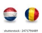 realistic football balls with national flags of romania and netherlands ,soccer teams. on the white background.