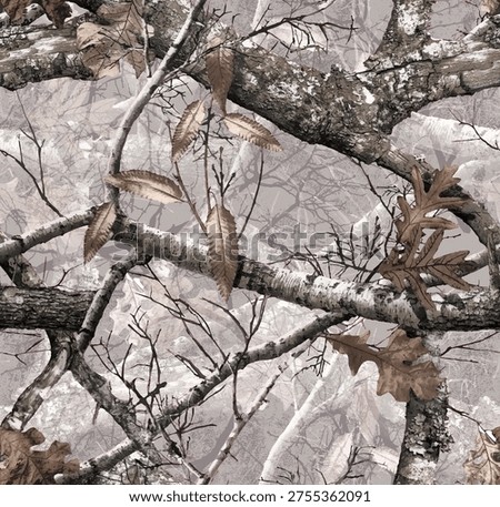 Realistic forest camouflage. Seamless pattern. Conifer tree, branches and leaves. Useable for hunting and military purposes.	
