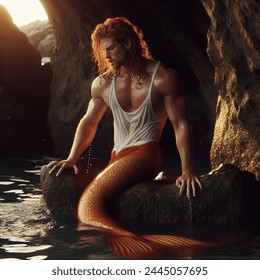 Realistic full body photo of a young fit freckled ginger man transforming into a merman. he is wearing a white tank top, sitting on the shallows in a cave opening on the shore leaning back against a rock. he is grunting, his mouth open, eyes closed and