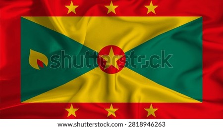 Realistic Grenada flag waving. Close up of flag of Grenada with cloth texture