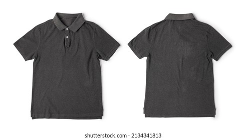 Realistic Grey Polo Shirt Mockup Front And Back View Isolated On White Background With Clipping Path.