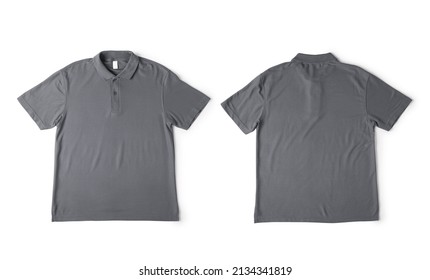 Realistic Grey Polo Shirt Mockup Front And Back View Isolated On White Background With Clipping Path.