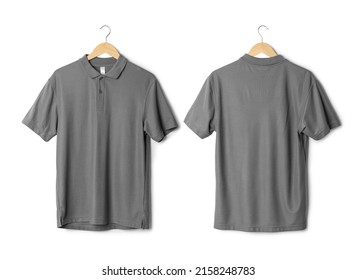 Realistic Grey Polo Shirt Mockup Hanging Front And Back View Isolated On White Background With Clipping Path.