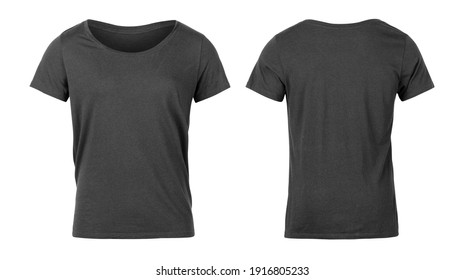 Realistic Grey Unisex T Shirt Front And Back Mockup Isolated On White Background With Clipping Path.