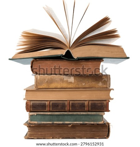 A realistic high-quality illustration of a vertical stack of old, weathered antique books with one open book resting on top, displaying its pages against a solid black background. This vintage literature setup is perfect for educational themes, library promotions, historical concepts, publishing designs, and creative storytelling layouts.