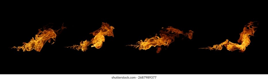 Realistic horizontal fire flame sequence isolated on black background. Perfect for visual effects, motion graphics, and action scenes representing speed, heat, power, and fiery energy motion.