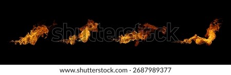 Realistic horizontal fire flame sequence isolated on black background. Perfect for visual effects, motion graphics, and action scenes representing speed, heat, power, and fiery energy motion.