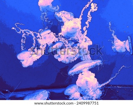 Realistic illustration jellyfish underwater dark background pop art print design futuristic retrowave style. Bright light Violet blue Blurred transparent animal acid graphics photo texture clipart