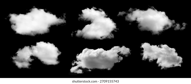 Realistic isolated cloud elements on black background, perfect for digital design photo compositing sky replacement and creative projects requiring natural soft cloud textures and atmospheric effects.