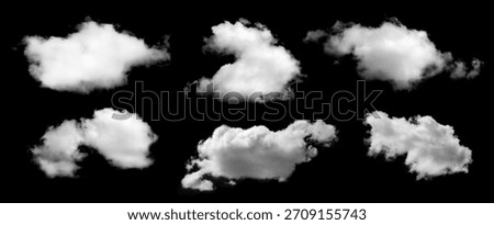 Realistic isolated cloud elements on black background, perfect for digital design photo compositing sky replacement and creative projects requiring natural soft cloud textures and atmospheric effects.