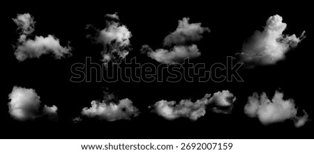 Realistic isolated cloud set on black background, perfect for sky replacement, and graphic design projects. High-resolution fluffy clouds with soft edges for photo compositing and effects.