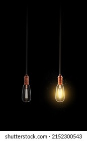 Realistic light bulb. Retro light. Turned off and glowing yellow incandescent lamp. Light background. Isolated in black. Bulb
