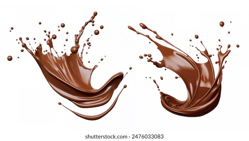 Realistic liquid chocolate long wave splash, enticing with its creamy richness, captures the essence of indulgence in a delectable treat. Isolated 3d vector brown splashing jet with droplets mid-air
