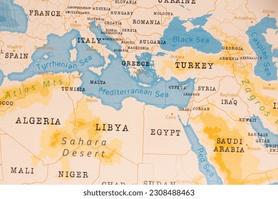The Realistic Map of Mediterranean Sea. - Shutterstock ID 2308488463