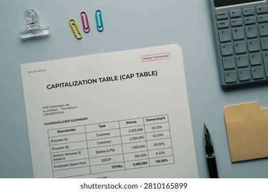 Realistic mock capitalization table document displayed on office desk with calculator and office supplies. Perfect eyecatcher for startup finance, venture capital, and equity articles.