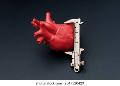 Realistic model of a human heart placed alongside a caliper for measurement on black. Visual aid for education and medical training. - Powered by Shutterstock