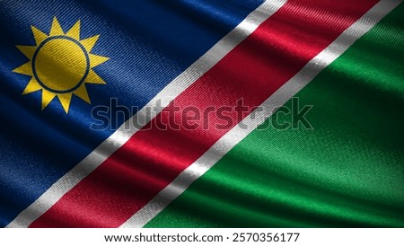 Realistic Namibia flag featuring a silky wave texture, blue and green diagonal fields separated by a red stripe bordered in white, with a golden sun symbolizing unity, peace, and hope.