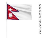 Realistic Nepal Flag Waving on a White Metal Pole with Transparent Background