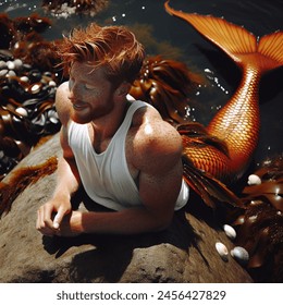 Realistic overhead photo of athletic ginger merman model lying on a rock on the shore with kelp and mollusks. he is basking in the afternoon sun, horizon. he has moist suntanned freckled skin, his hair is dripping wet, and a long, his sinuous orange