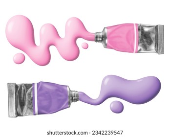 Realistic paint tubes isolated on white background. Pastel Color. Pink paint tubes. Purple paint tubes.