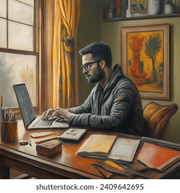 a realistic pastel painting of a human sitting at laptop on desk in home office